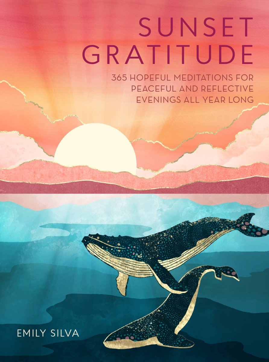 Book cover of 'Sunset Gratitude' with whales and sunset design