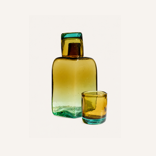 Bedside Carafe Set — Aqua & Amber Handblown Glass