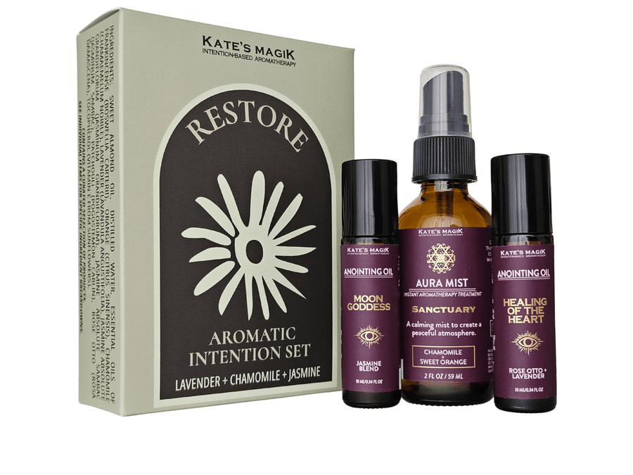 Restore Aromatic essential oils set in green packaging with sunburst design, Restore