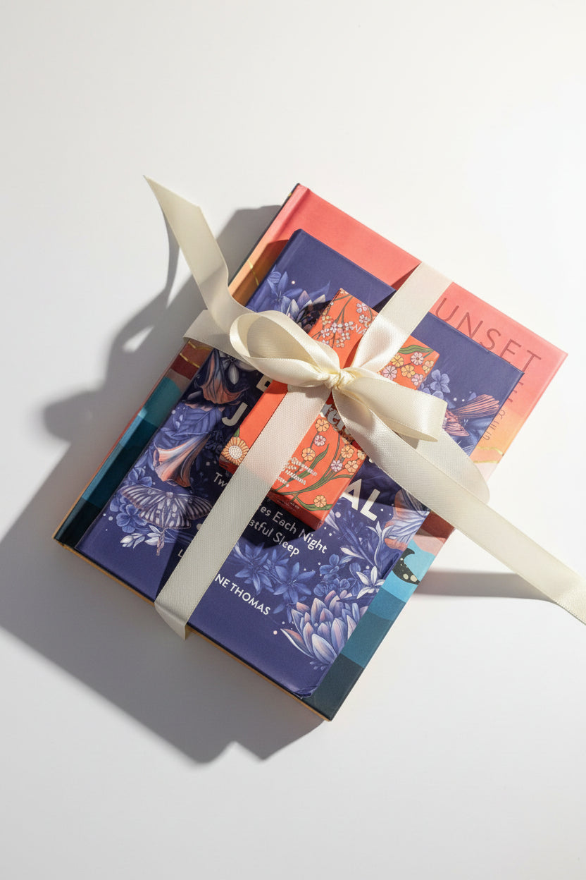 Gift Set with 2 books and a set of shower steamers.  Sunset Gratitude and bedtime journal.