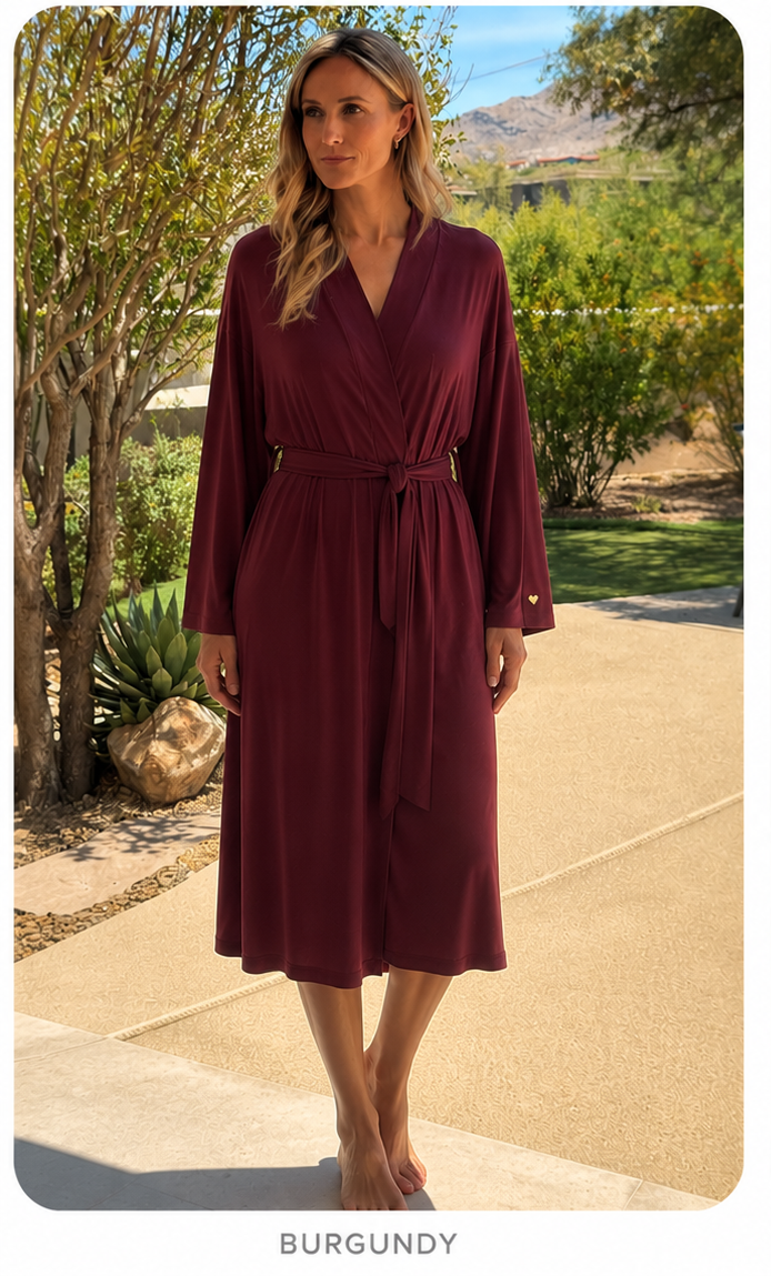 Wrap robe in burgundy and light oat, worn outdoors on a sunny desert patio
